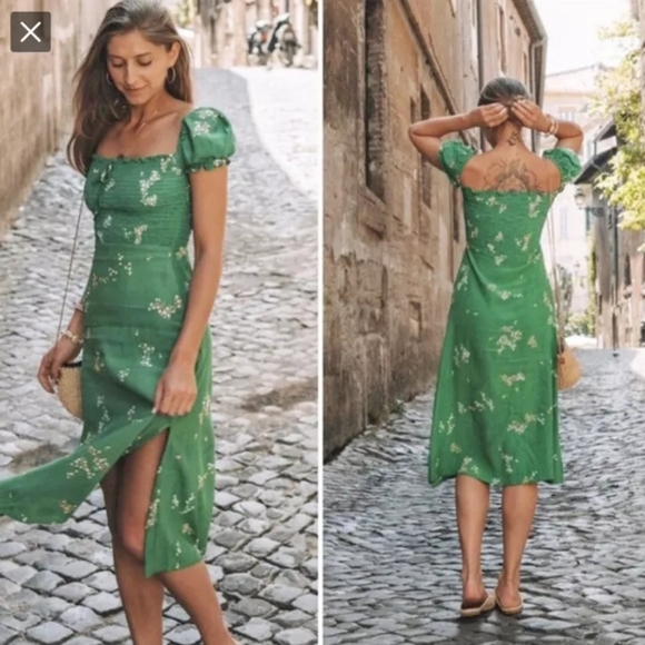 Faithfull the Brand Smocked Myrtille Dress Cottagecore Vacation Floral Green - Picture 3 of 10